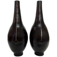 Dalo, Large Pair of Ceramic Lamp Bases Glazed in Black