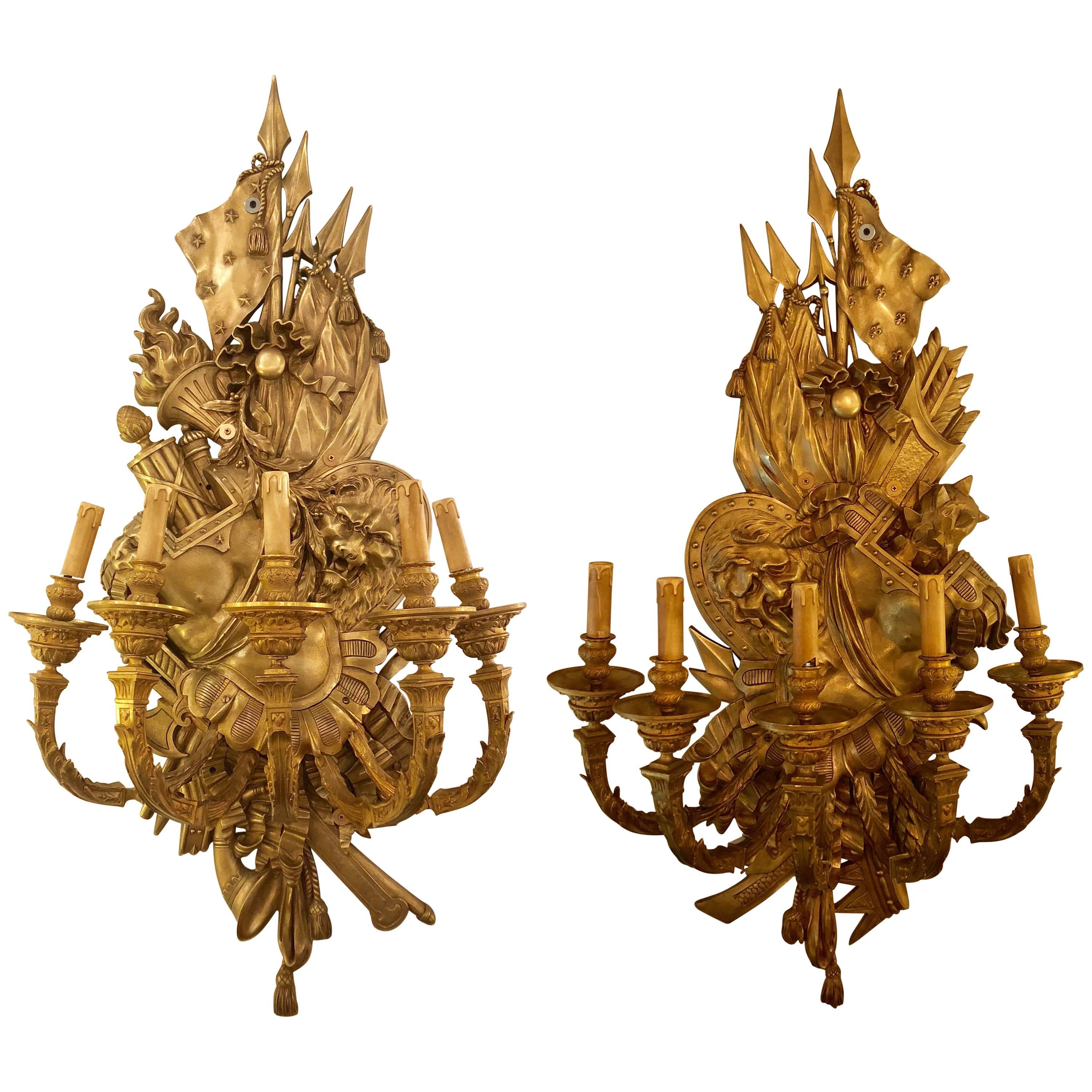 Pair of 19th Century Opposing Figural Bronze Monumental Five Light Wall Sconces