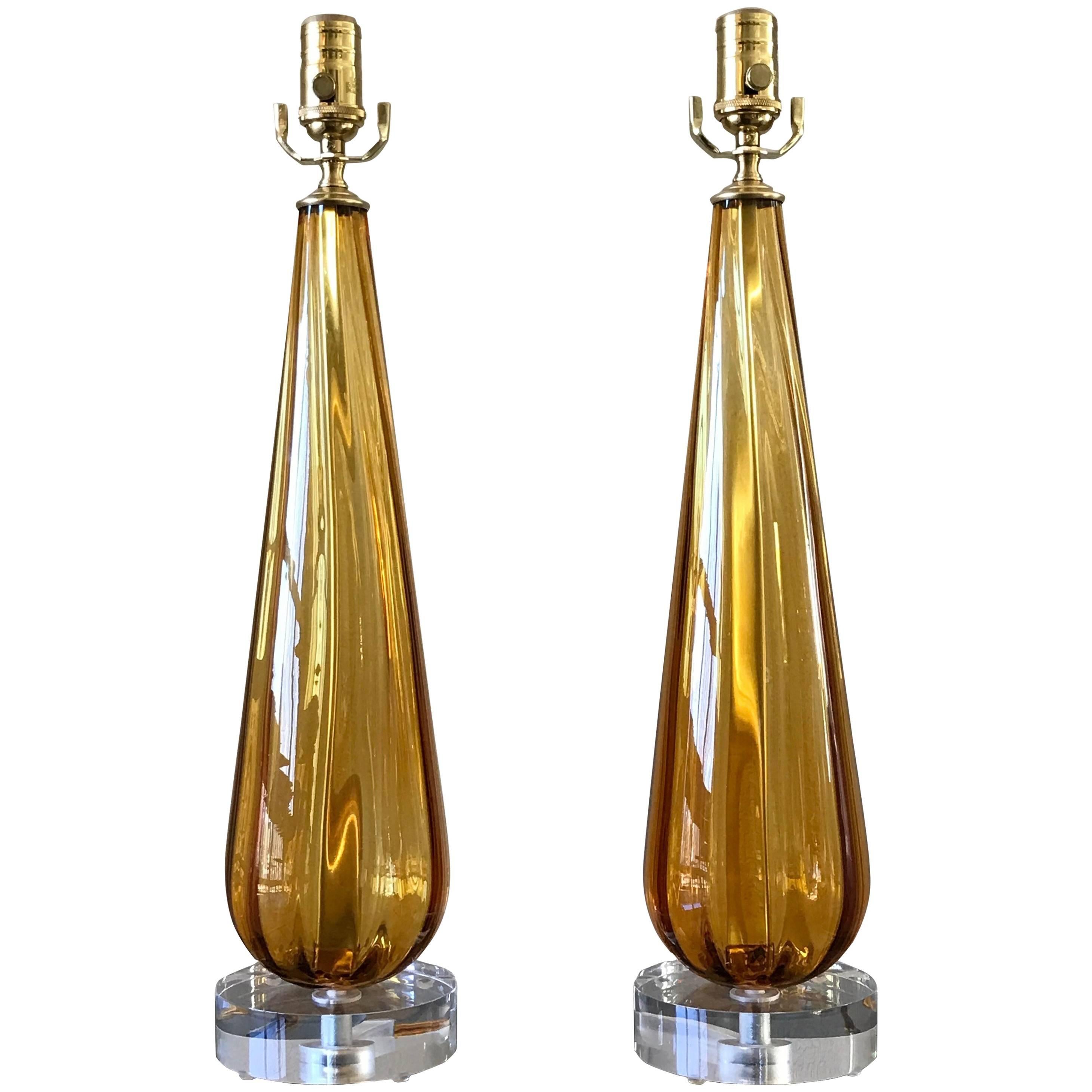 Pair Italian Amber Glass Teardrop Shaped Lamps