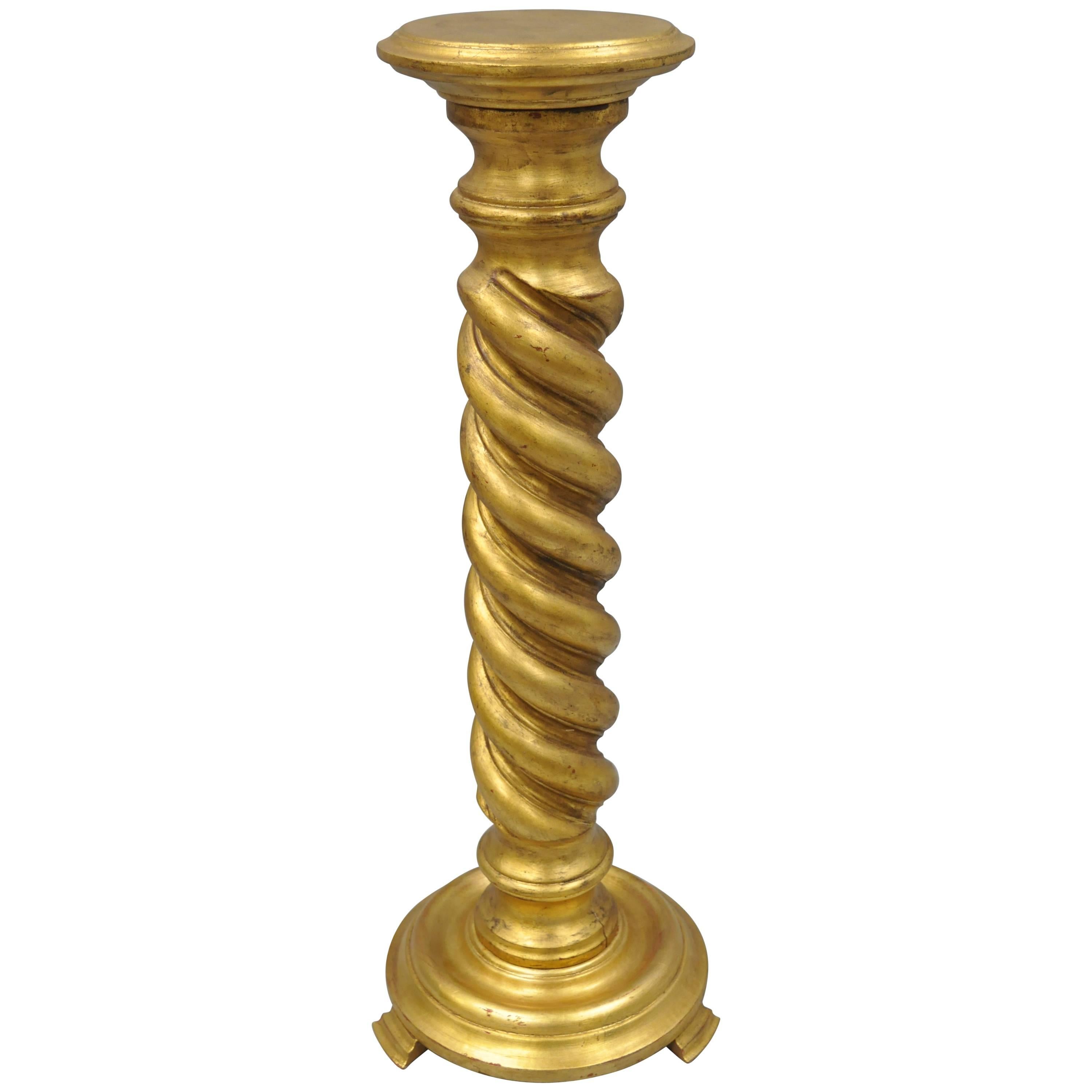 Italian Gold Leaf Spiral Carved Column Pedestal Stand Barley Twist Solid Wood