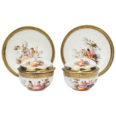 Pair of Antique Meissen Porcelain Covered Tea Cups and Saucers, 19th Century