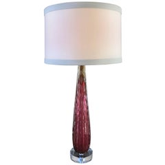 Vintage Single Tall Italian Murano Glass Lamp in Cranberry and Gold
