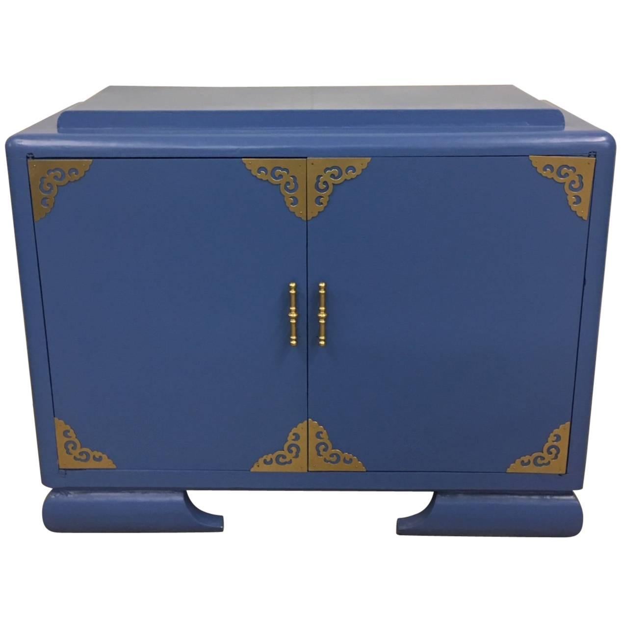 Asian Themed Athens Blue and Brass Cabinet  For Sale