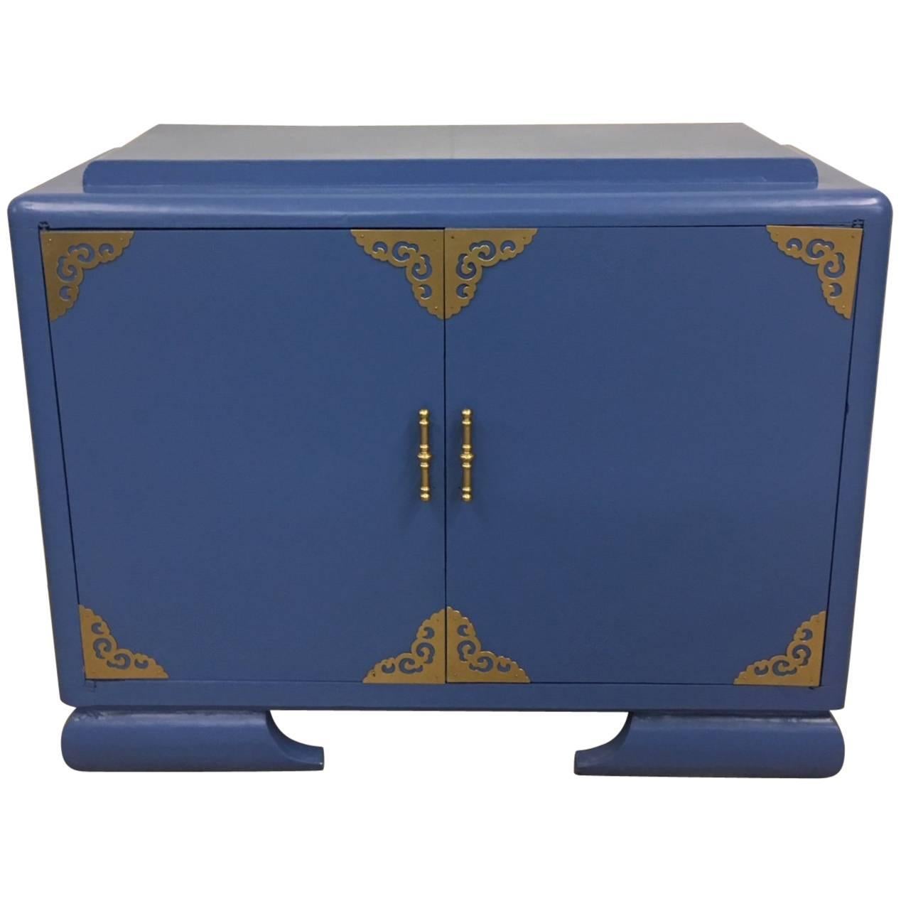 Asian Themed Athens Blue and Brass Cabinet For Sale