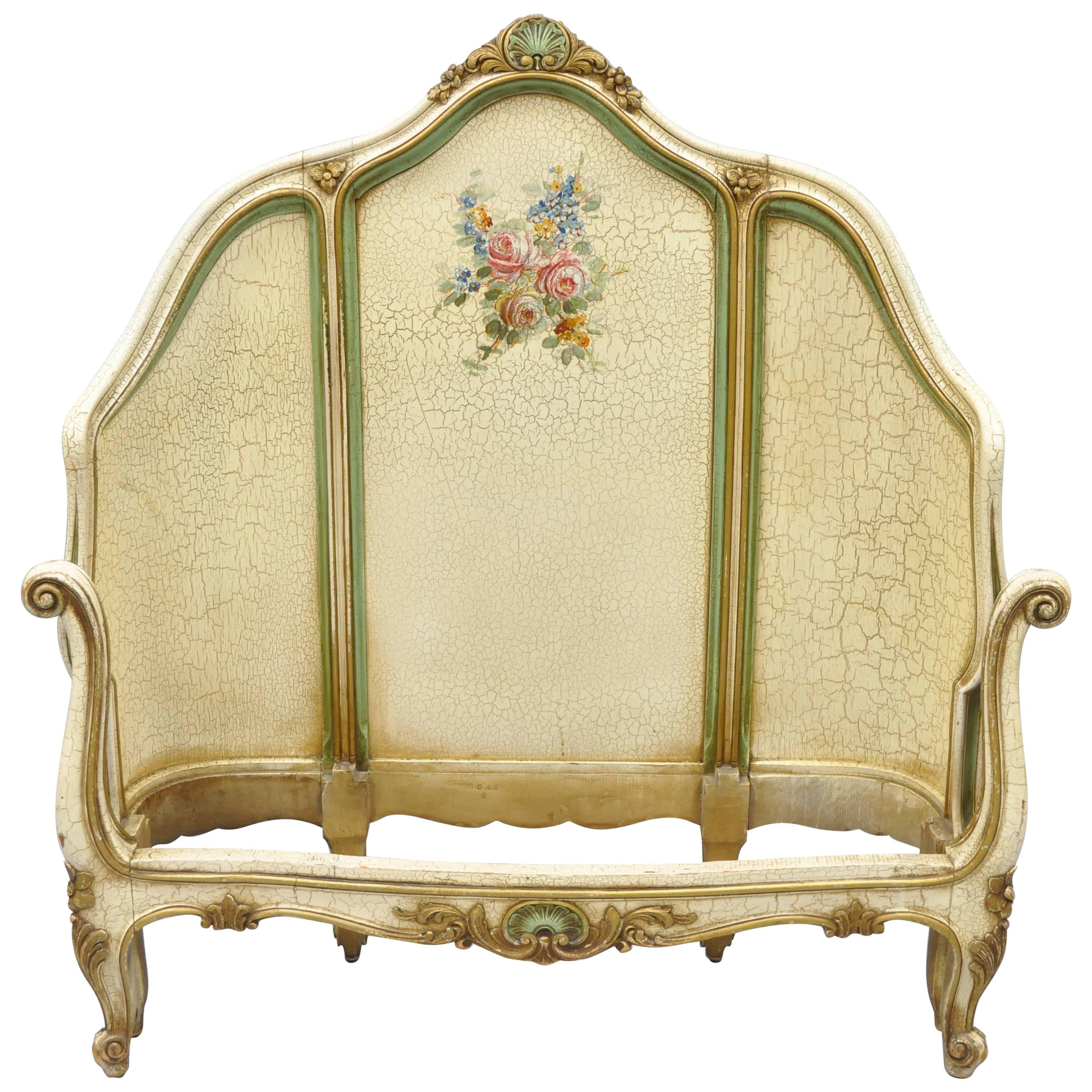 French Louis XV Style Twin Single Bed Green and Cream Distress Painted Finish