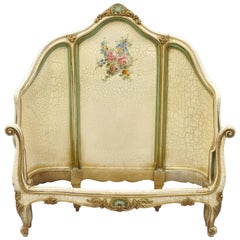 Antique French Louis XV Style Twin Single Bed Green and Cream Distress Painted Finish