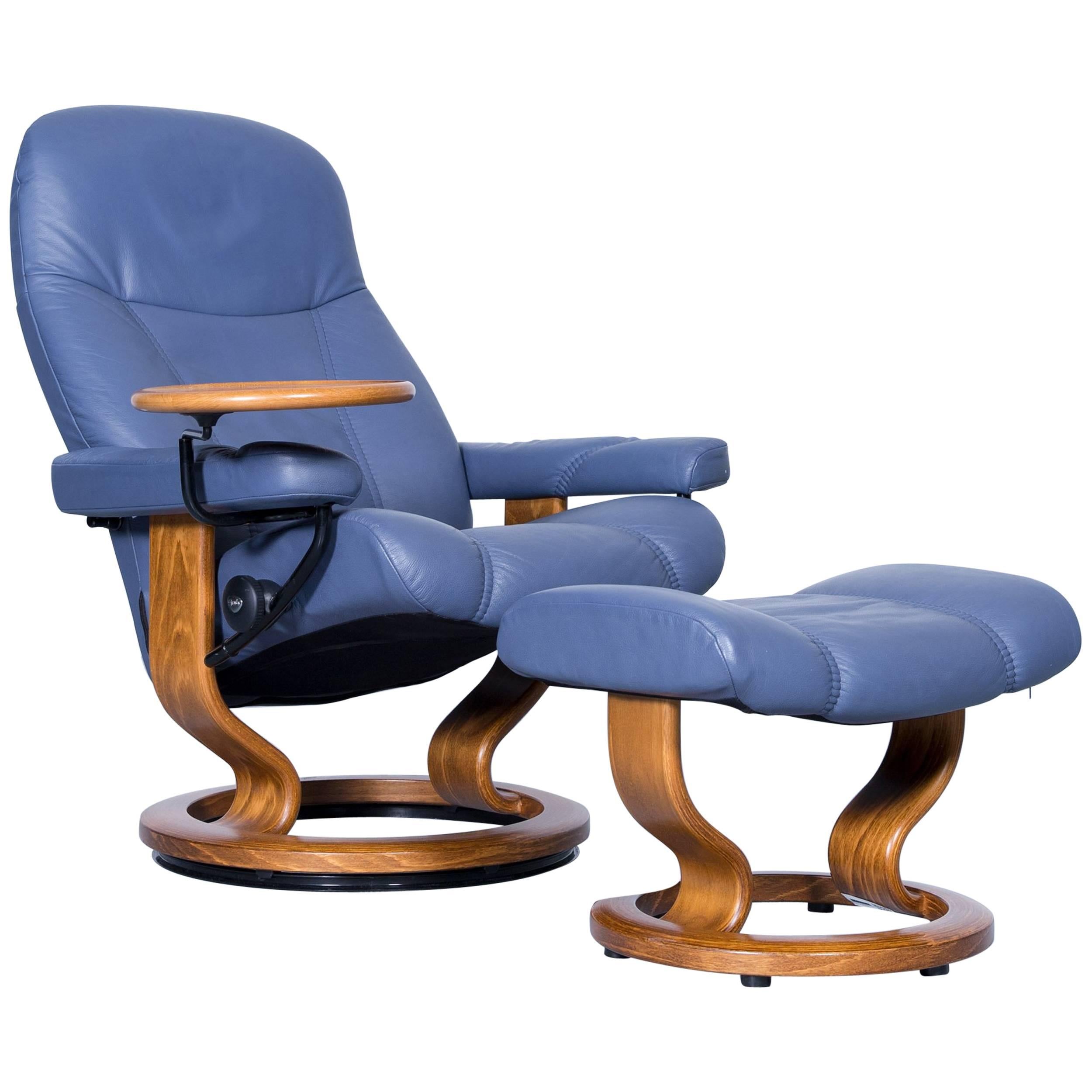 Stressless Consul Relax Armchair and Footstool Set Blue Leather Relax Function