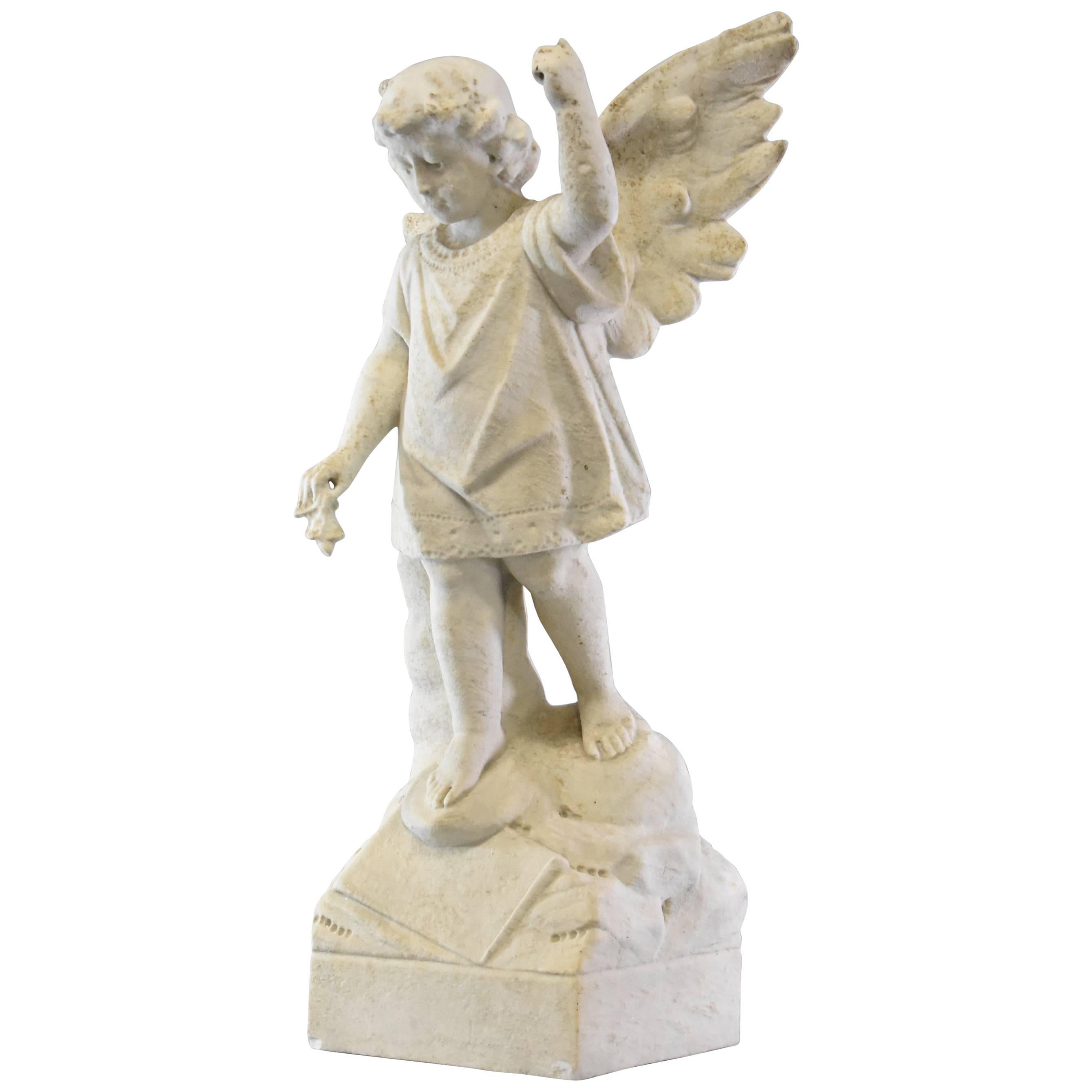 Antique Outdoor Garden Winged Angel or Child Marble Sculpture