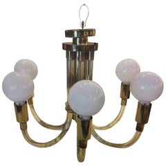 Charles Hollis Jones Six-Arm Chandelier in Brass and Lucite 