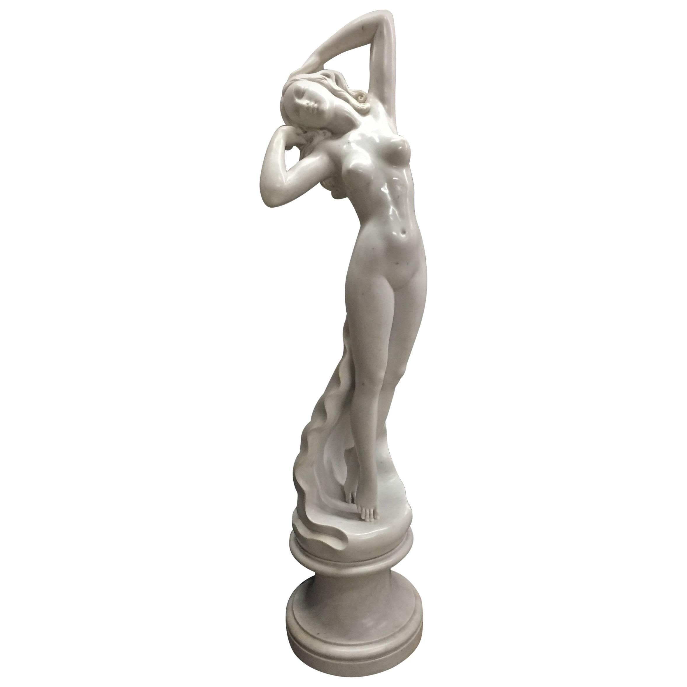 Italian Carved White Marble Nude Figure in an Ocean Wave