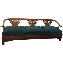 Chinoiserie Sofa with Carved Back in Deep Green Velvet