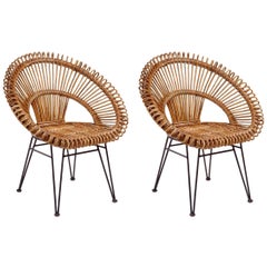 Pair of Italian Sculptural Rattan and Iron Chairs