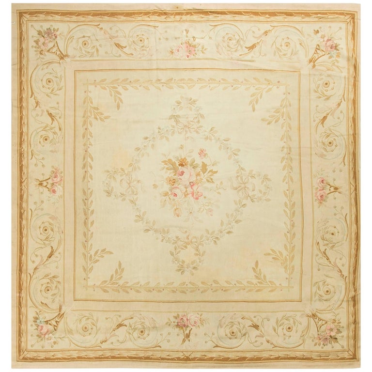 Antique Square French Aubusson Rug Carpet Circa 1890 7'10 x 8'5 For Sale at 1stDibs