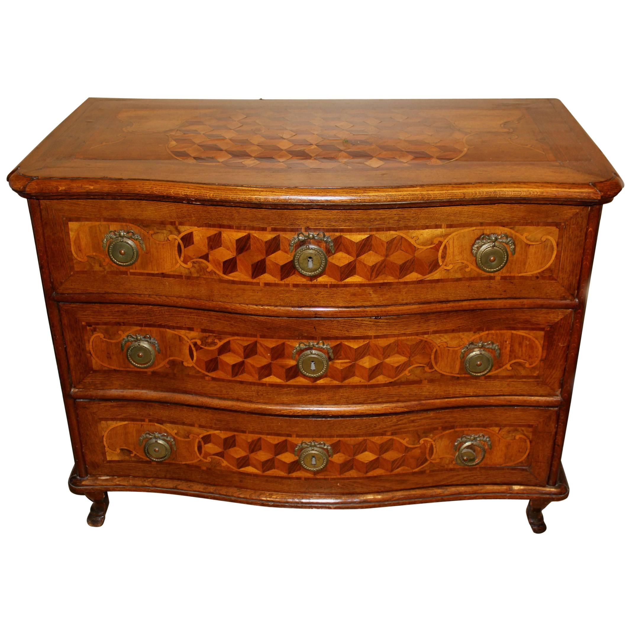 18th c Swiss Rococo Fruitwood Serpentine Commode with Tumbling Block Parquetry For Sale