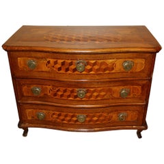 18th c Swiss Rococo Fruitwood Serpentine Commode with Tumbling Block Parquetry