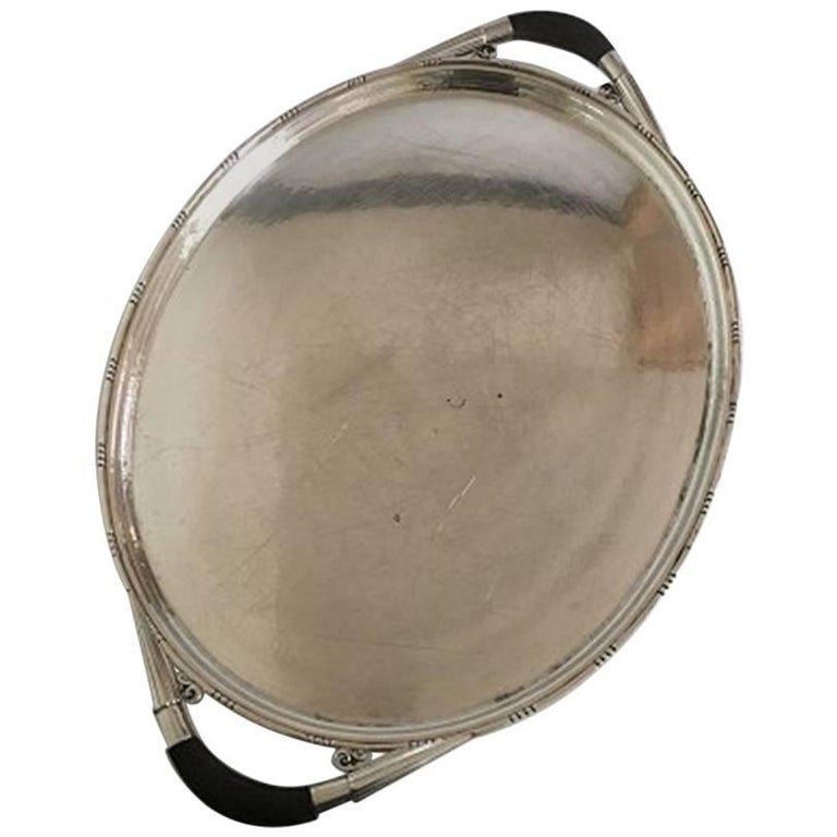 Georg Jensen Oval Sterling Silver Serving Tray No. 251C with Wooden Handles For Sale