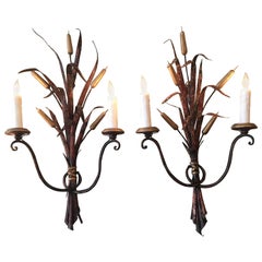 Antique Early 19th Century Pair of Italian Tole and Cattail Sconces