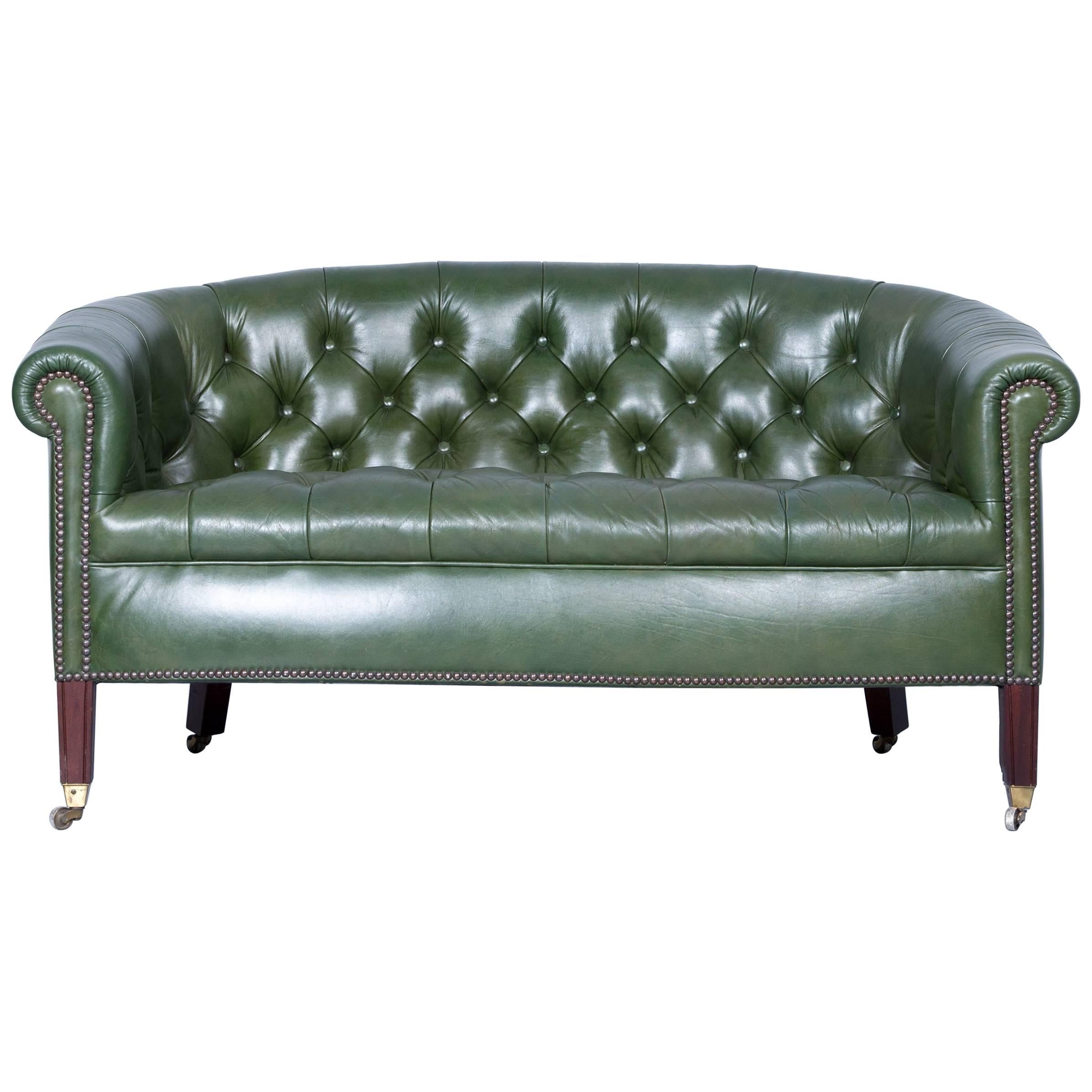 Original Chesterfield Sofa Green Two-Seat Wooden Feet Vintage Retro Rivets