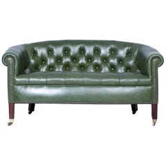 Original Chesterfield Sofa Green Two-Seat Wooden Feet Vintage Retro Rivets