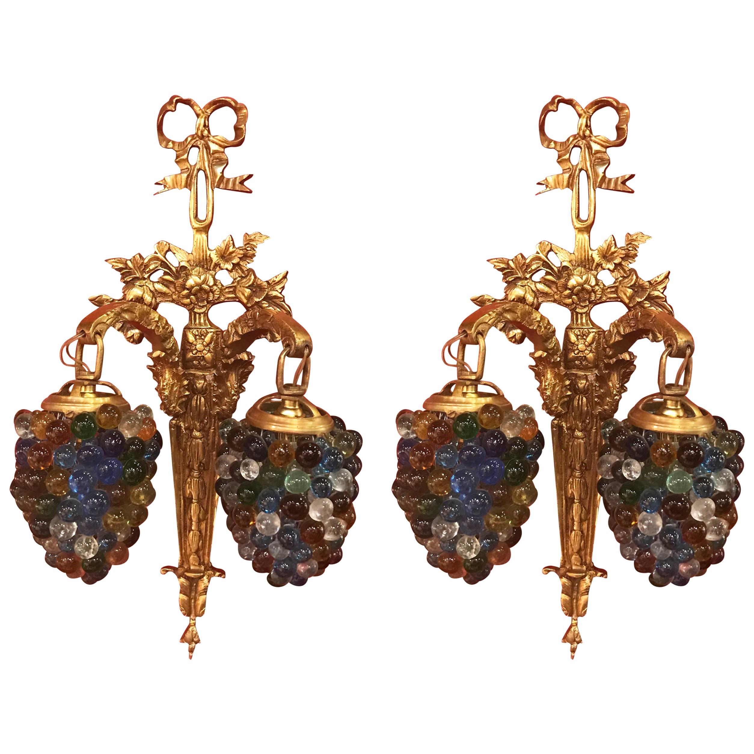 Pair of Italian Gilt Brass and Glass Beaded Sconces