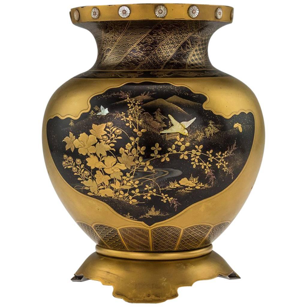 Antique Japanese Meiji Period Gold Lacquer and Shibayama Vase, circa 1890