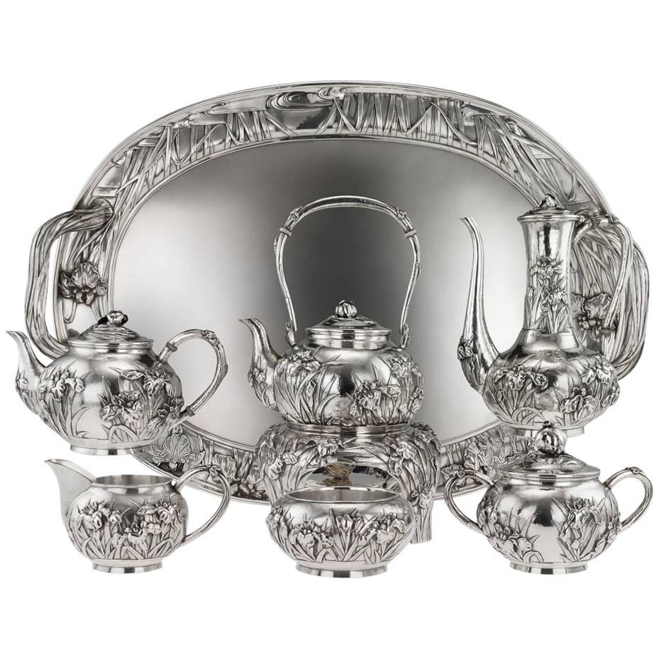 20th Century Japanese Solid Silver Tea & Coffee Service on Tray, circa 1900