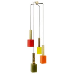 Four Pendants Chandelier in Brass and Glass by Stilnovo, 1950s