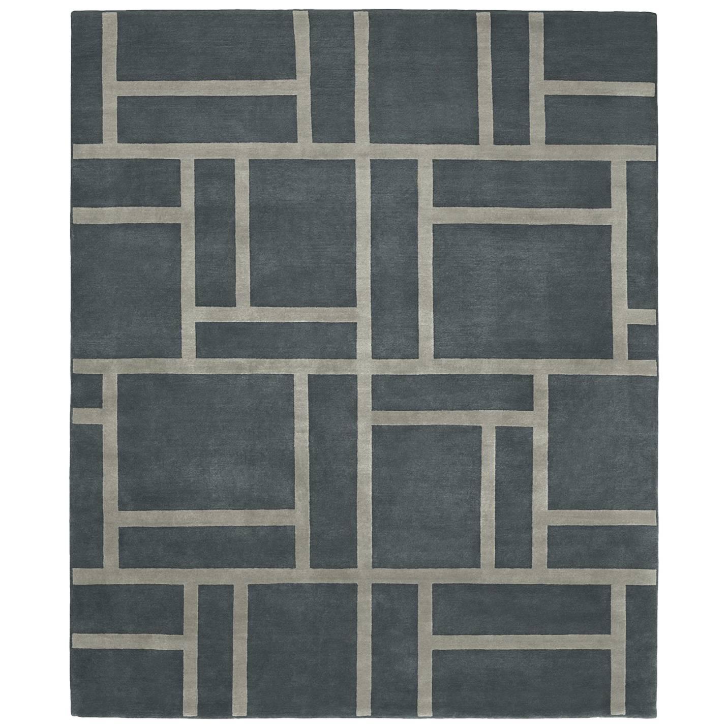 Contemporary Tibetan Rug Hand-Knotted in Nepal, Dark Grey - Light Grey For Sale