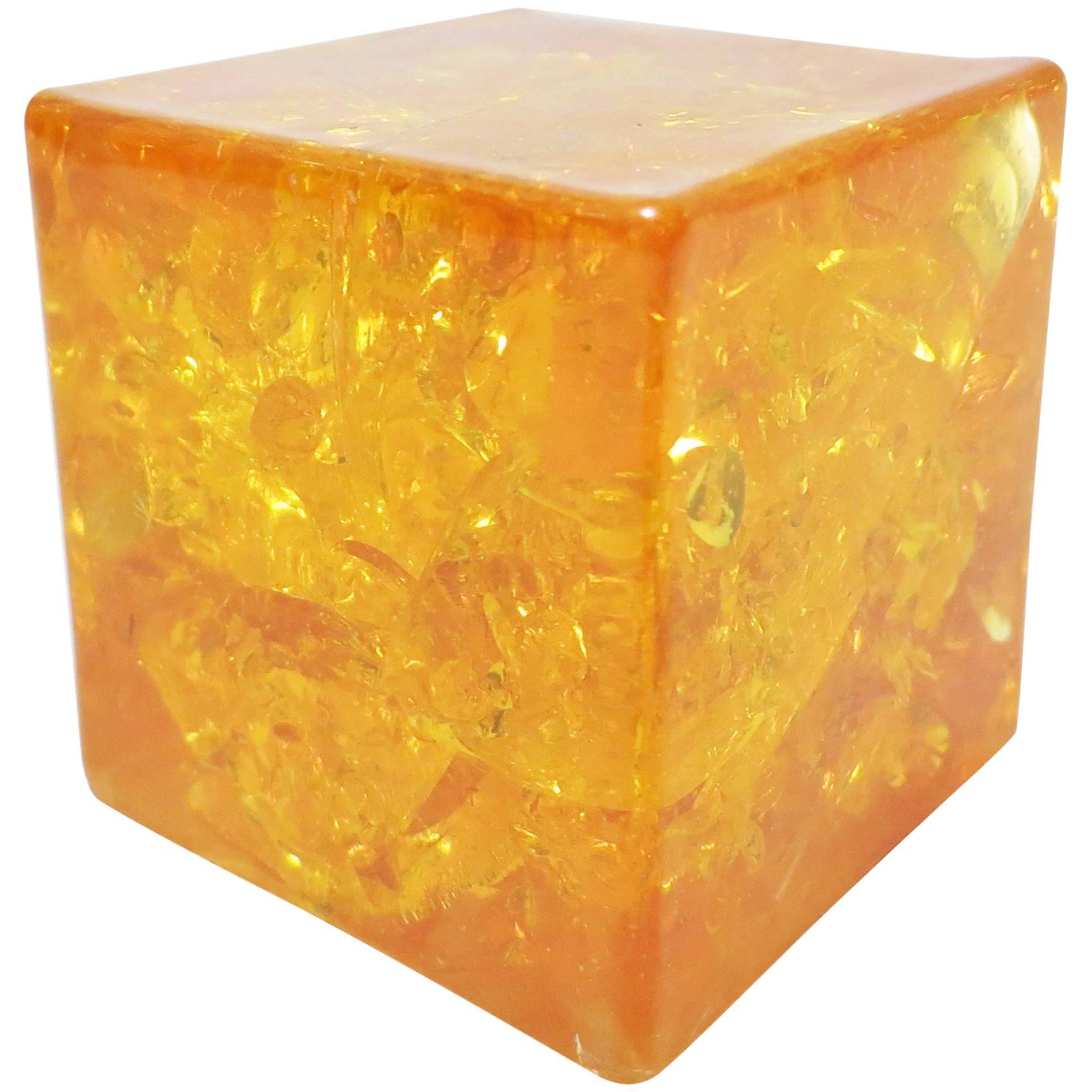 French Midcentury Paperweight Cube in Fractal Resin