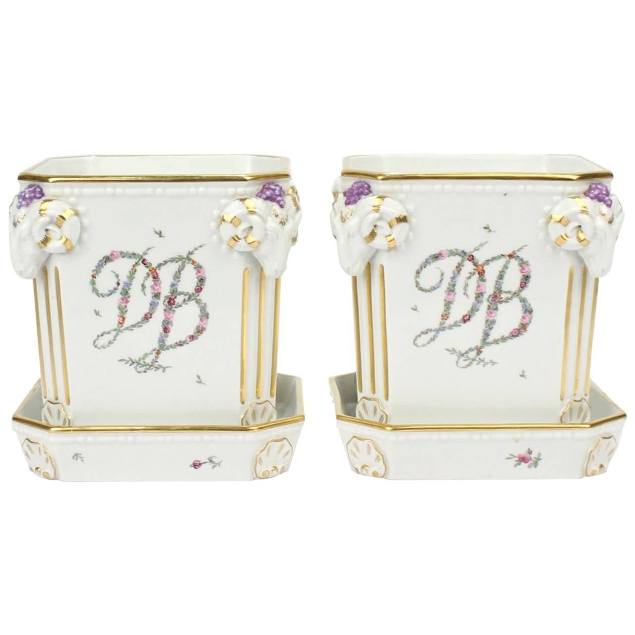 Pair Royal Copenhagen Porcelain Cachepots w Flower Garland 'Du Barry' Monograms