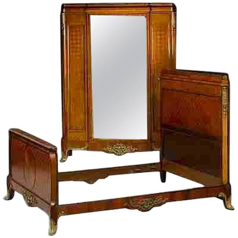 Antique Ormolu Mounted Parquetry Armoire Wardrobe and Bedstead For Sale
