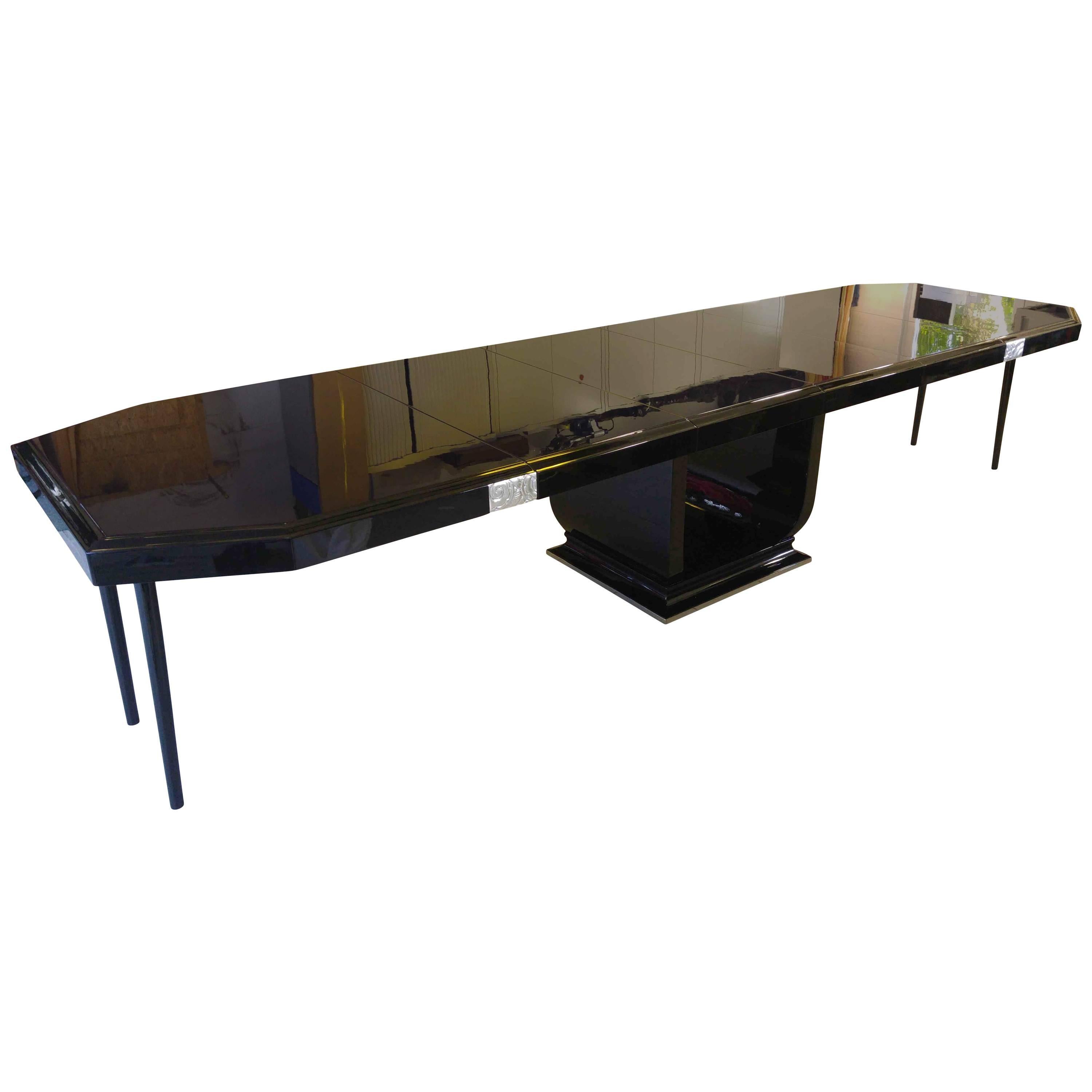 Expandable Art Deco Dining Table, Black Lacquer, Silver Plated, Paris circa 1925