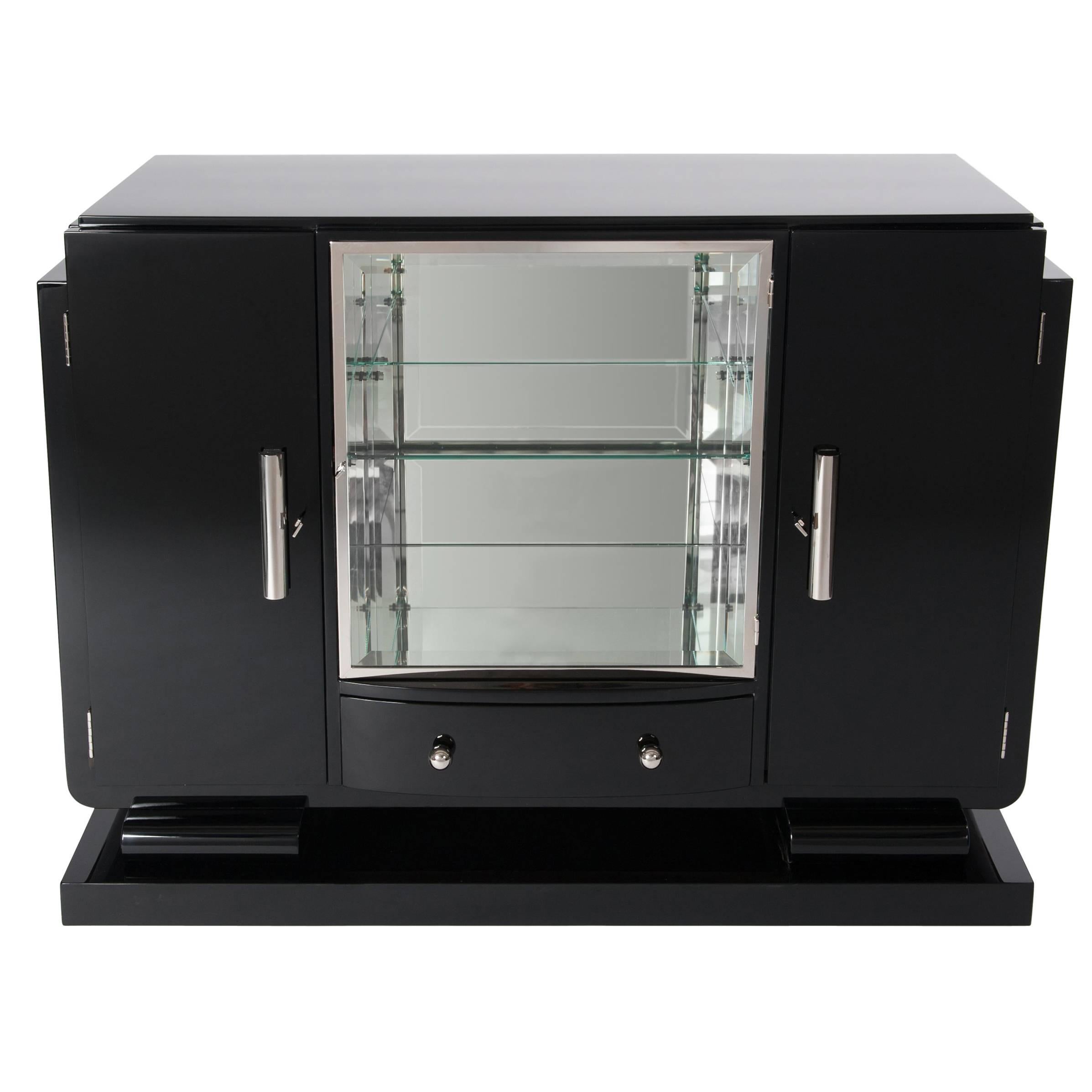 Small French Black Lacquered Art Deco Sideboard with Mirrored Display Cabinet