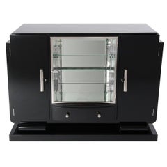 Small French Black Lacquered Art Deco Sideboard with Mirrored Display Cabinet