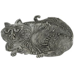 Vintage Brutalist Pewter Cat Dish by Donald Drumm