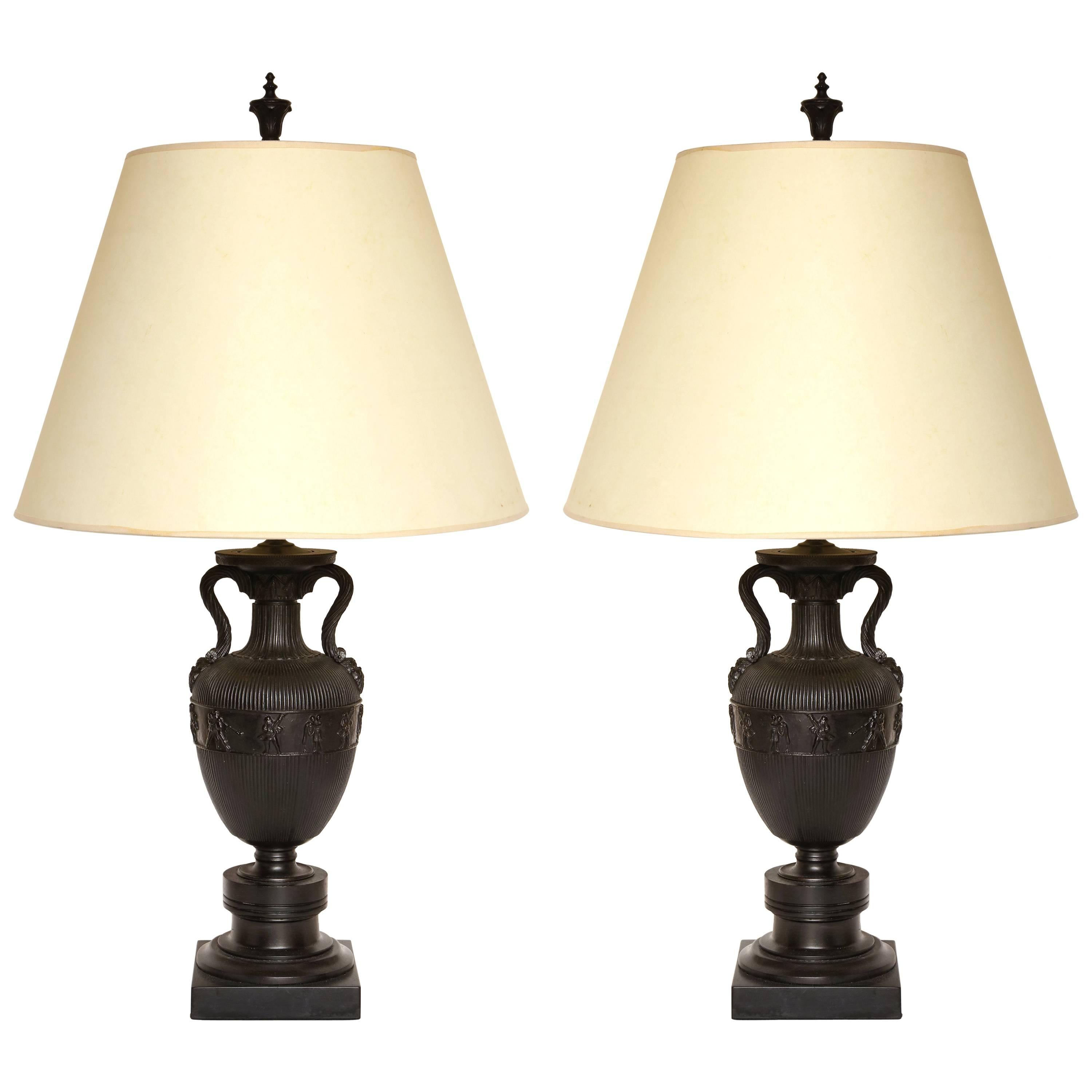 Pair of Neoclassical Bronze Urns Fitted as Lamps 