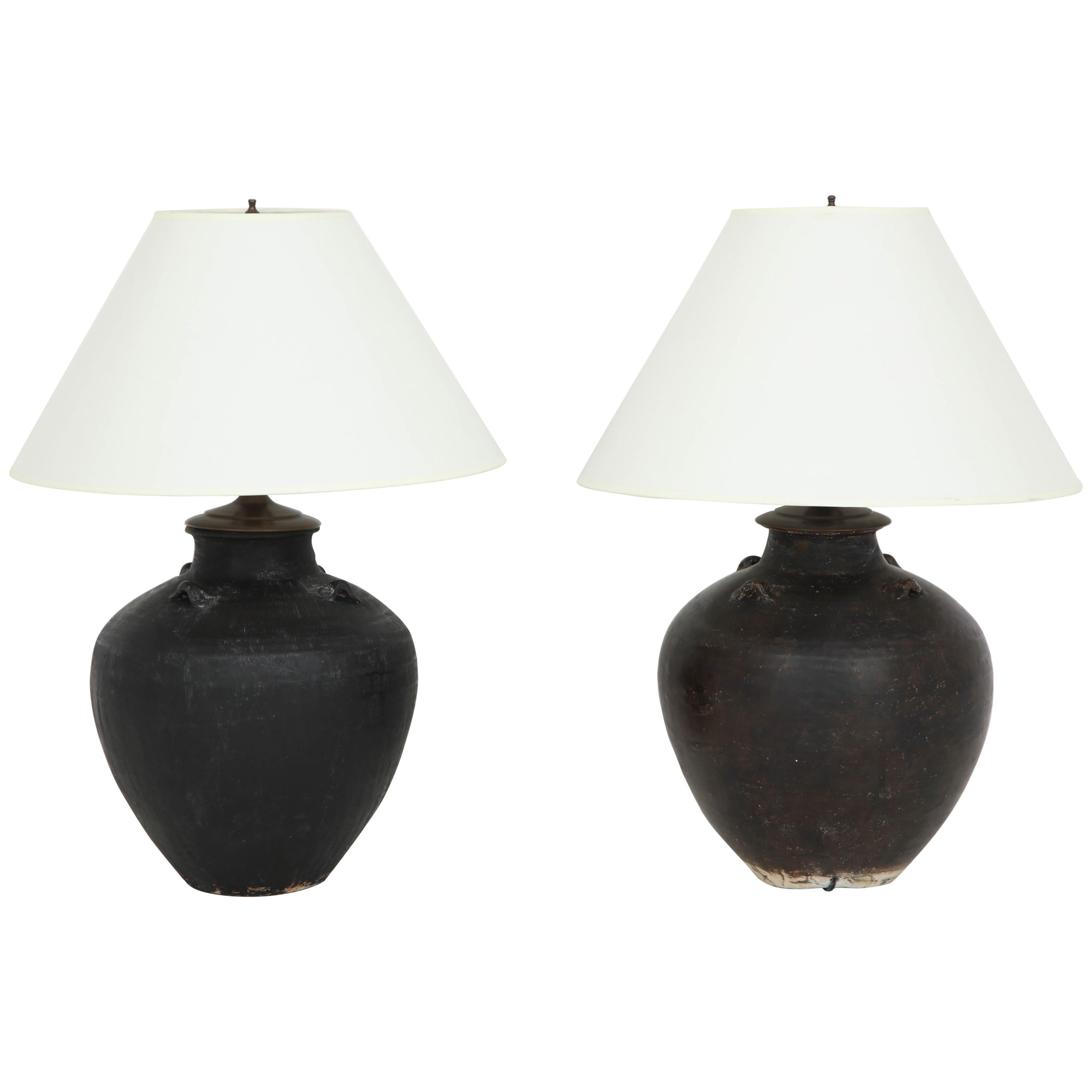 Pair of Black Terracotta Wine Vessel Lamps