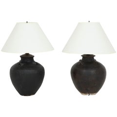 black terracotta table lamp Pair of Black Terracotta Wine Vessel Lamps