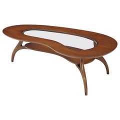 Kidney Shaped Two-Tiered Walnut  and Glass Coffee Table