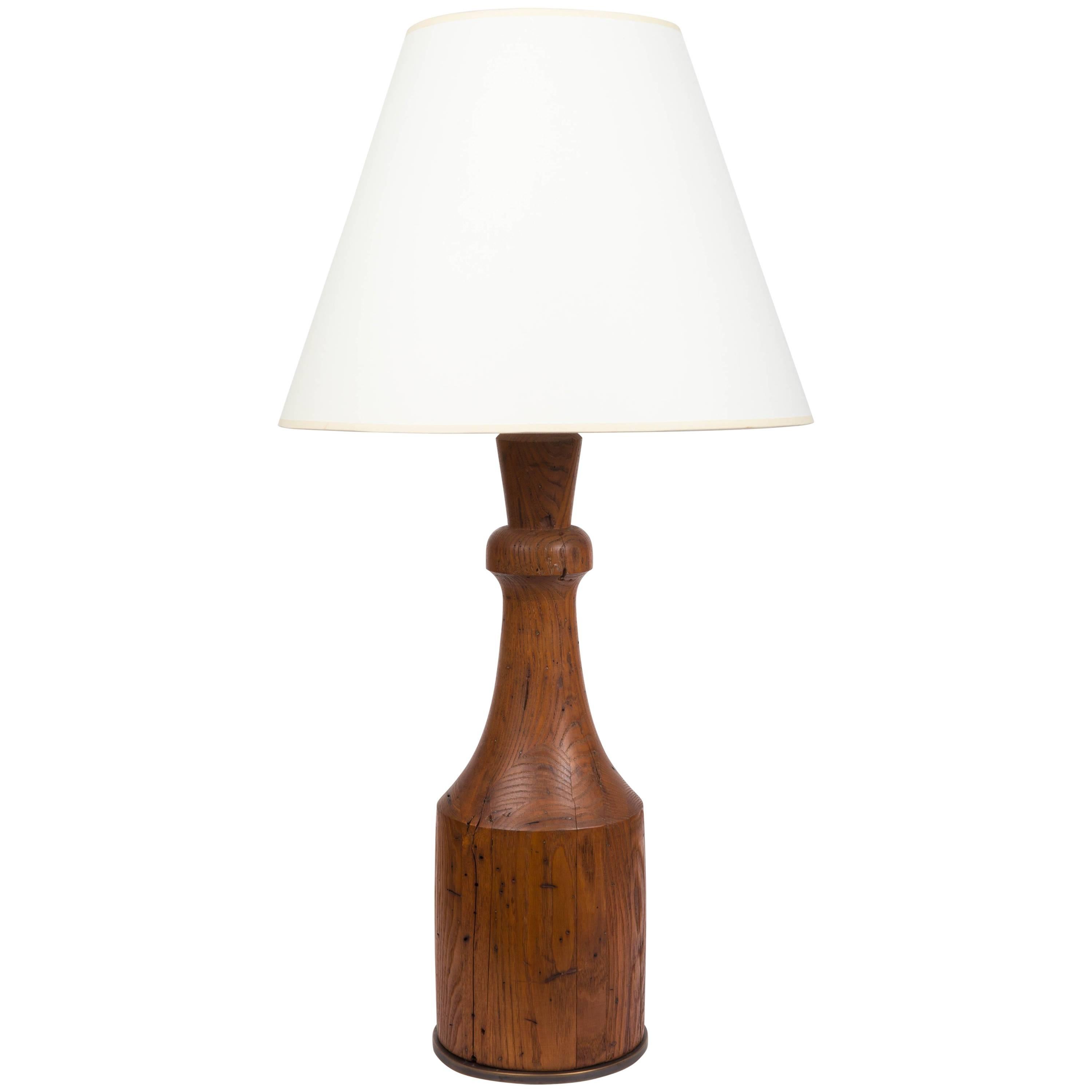 Rustic Hand-Carved Wooden Table Lamp with Bronze Base