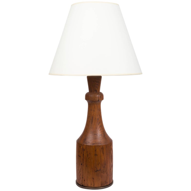 Rustic HandCarved Wooden Table Lamp with Bronze Base For Sale at