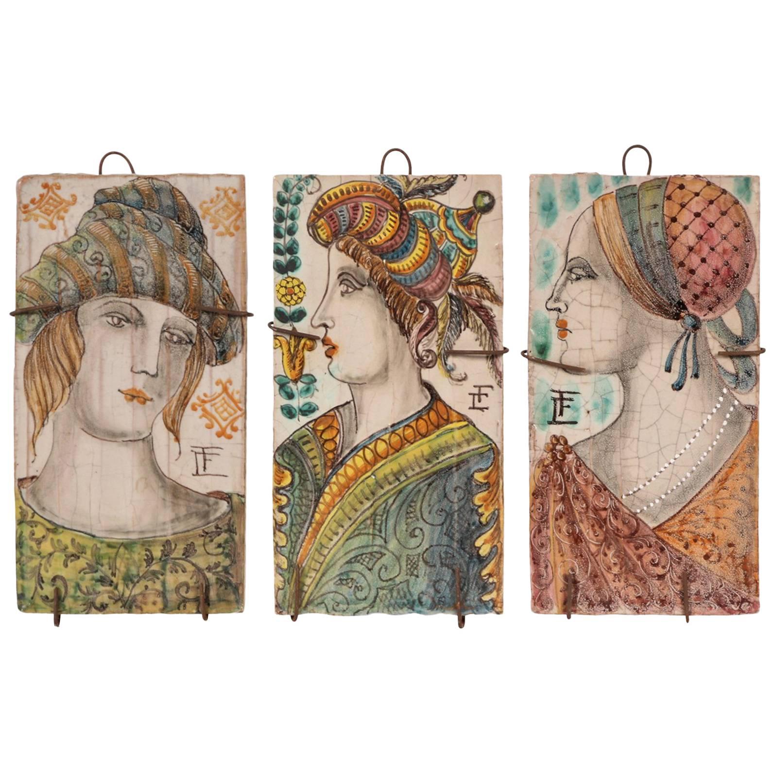 Set of Three Italian Decorative Glazed Terracotta Tiles with Figural Decoration