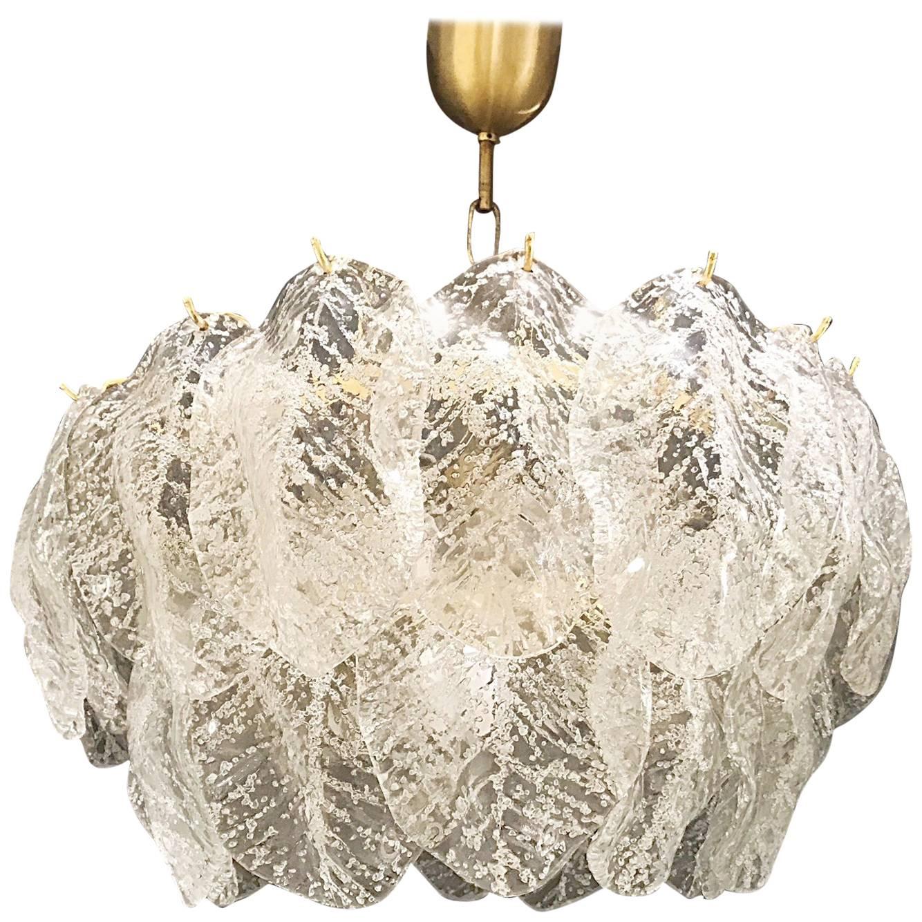 Mazzega mid-century Murano chandelier Ice Frost Glass Leaves 2 Level, 1960 For Sale