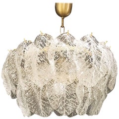 Mazzega mid-century Murano chandelier Ice Frost Glass Leaves 2 Level, 1960