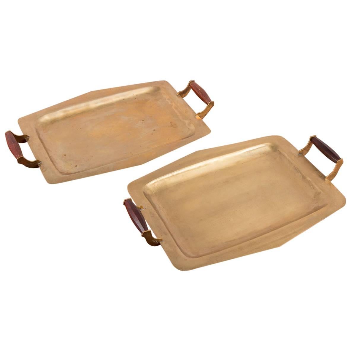 Pair of Mid-Century Brass Trays with Rosewood Handles