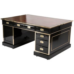 English Black Lacquer Campaign  Partners Desk With Leather Top and Brass Mounts 
