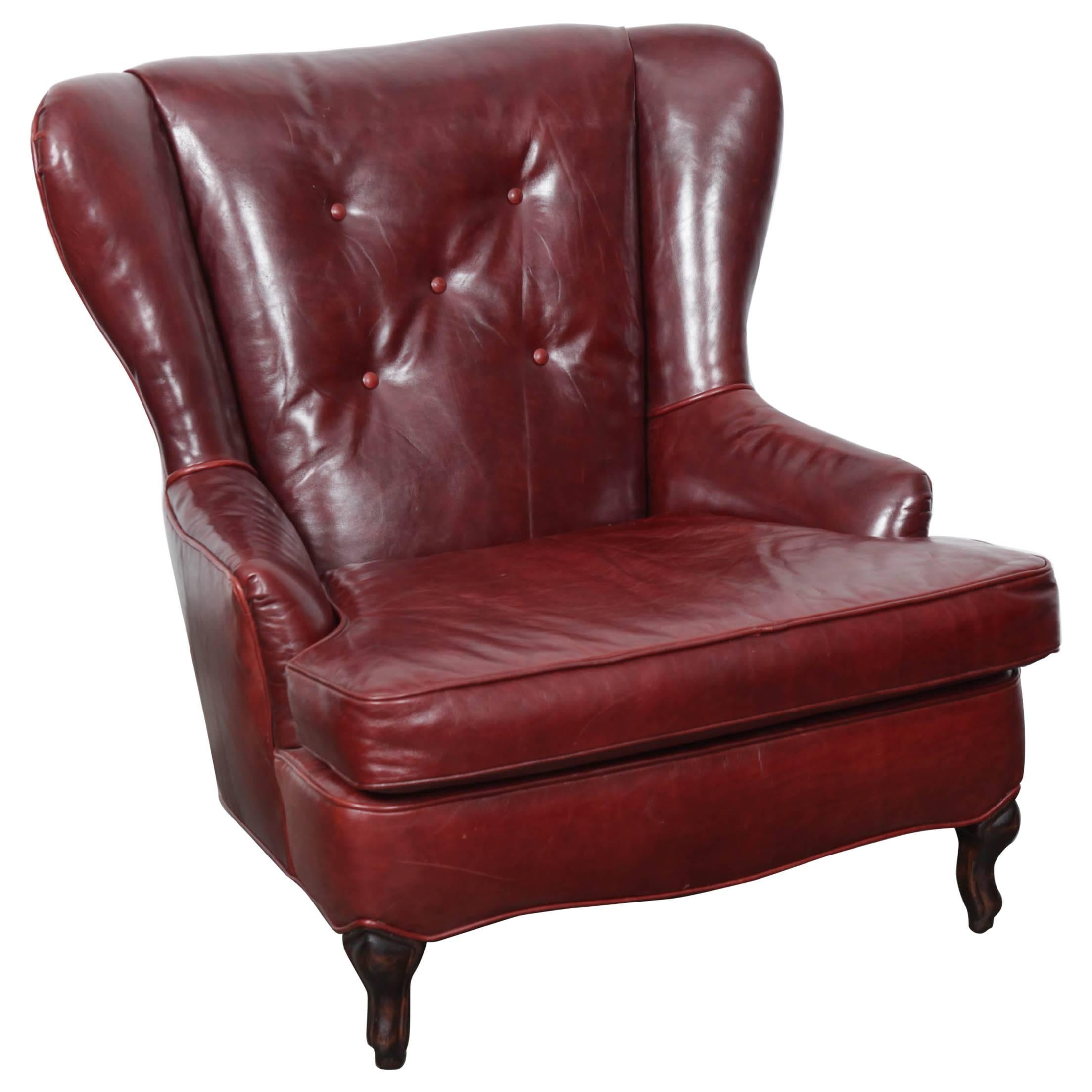 Oxblood Leather Wing Back Button Tufted Lounge Chair