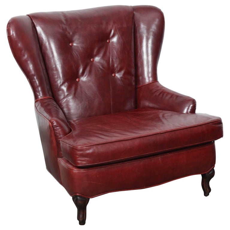 Oxblood Leather Wing Back Button Tufted Lounge Chair For Sale At