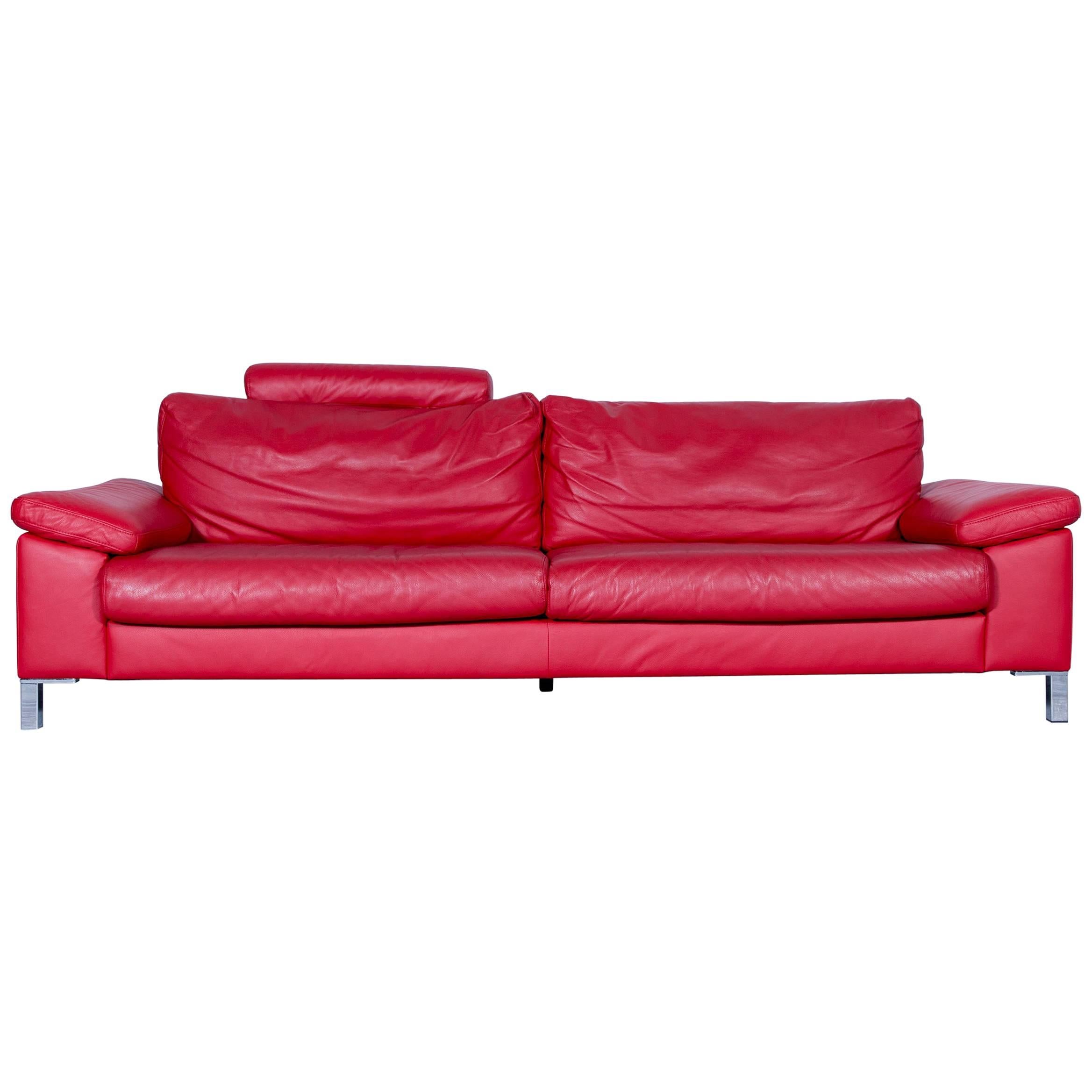 Designer Sofa Red Three-Seat Leather Modern Couch Head Rest