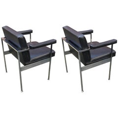 Maurice Rinck, Pair of 1960s Desk Armchairs in Leather and Chromed Metal